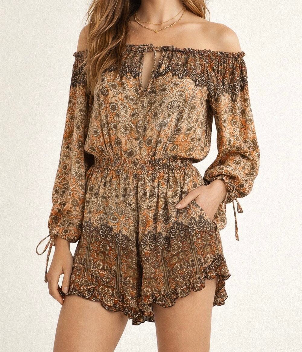 Free People So Divine Boho Floral Off The Shoulder Romper Peasant Sleeve Size XS
